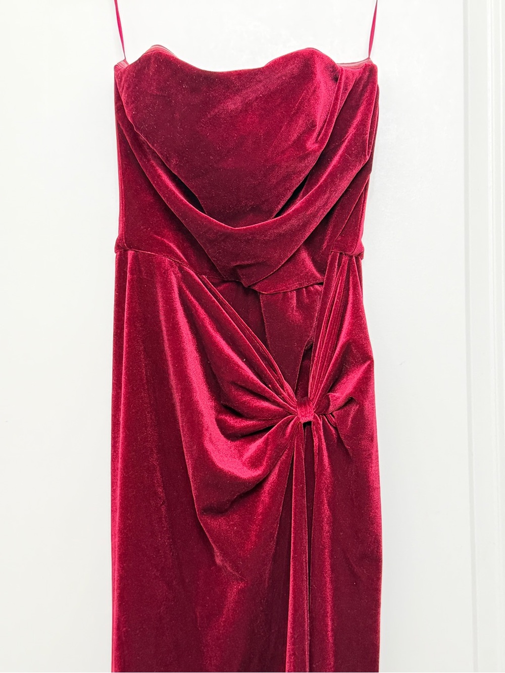 Meshki Red Velvet Strapless Cowl Knot Dress